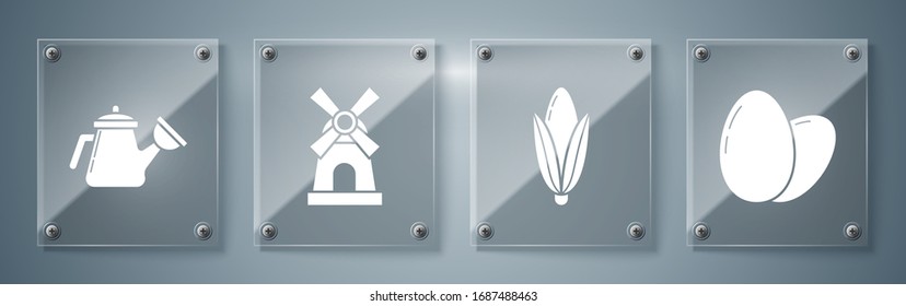 Set Chicken egg, Corn, Windmill and Watering can. Square glass panels. Vector