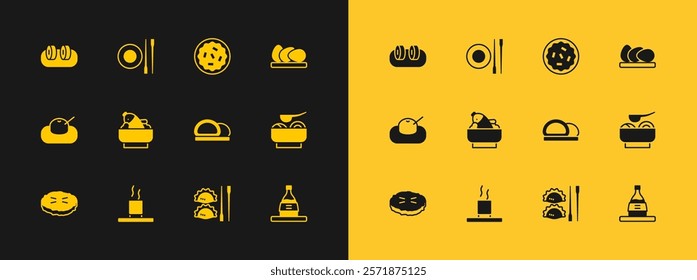 Set Chicken egg, Cup of tea, Sushi, Dumpling with chopsticks, Rice fish bowl, Homemade pie,  and Food plate icon. Vector