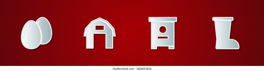 Set Chicken egg, Farm house, Hive for bees and Waterproof rubber boot icon. Vector.