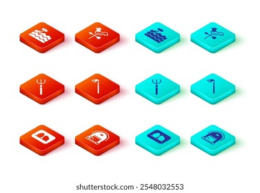Set Chicken egg, Farm house, Garden pitchfork, hoe, Rooster weather vane and bed icon. Vector