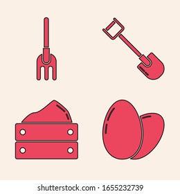Set Chicken egg, Garden rake, Shovel and Wooden box with harvest icon. Vector