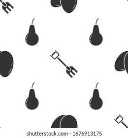 Set Chicken egg, Garden rake and Pear on seamless pattern. Vector