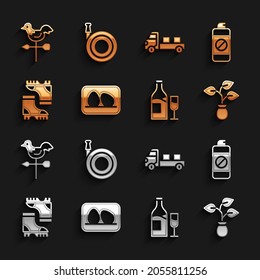 Set Chicken egg, Garden sprayer for fertilizer, Plant, Wine bottle with glass, Waterproof rubber boot, Pickup truck, Rooster weather vane and hose icon. Vector