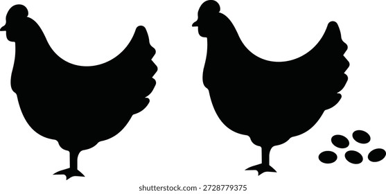 Conjunto de iconos de pollo con huevo, colección de granja de aves de corral y gallina, grupo de Ilustraciones vectoriales planas, agregar gallo, huevos, agricultura, agricultura, producción de alimentos, ícono negro