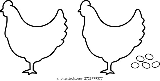 Conjunto de iconos de pollo con huevo, colección de granja de aves de corral y gallina, grupo de Ilustraciones vectoriales de línea, agregar gallo, huevos, agricultura, agricultura, producción de alimentos, ícono negro
