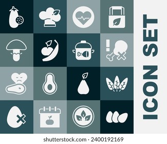 Set Chicken egg, Leaf, No chicken leg, Heart rate, Apple and banana, Mushroom, Eggplant and Cooking pot icon. Vector