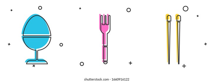 Lege Hühnereier auf einen Ständer, Gabel und Essensstäbchen Ikone. Vektorillustration