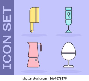 Set Chicken egg on a stand, Meat chopper, Moka pot and Blender icon. Vector