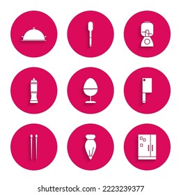 Set Chicken egg on a stand, Pastry bag for decorate cakes, Refrigerator, Meat chopper, Food chopsticks, Pepper, Blender and Covered with tray of food icon. Vector
