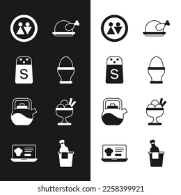 Set Chicken egg on stand, Salt, Toilet, Roasted turkey or chicken, Kettle with handle, Ice cream in bowl, Champagne ice bucket and Online ordering delivery icon. Vector