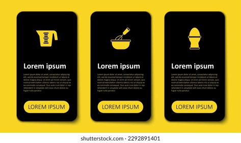 Set Chicken egg on a stand, Cooking whisk with bowl and Measuring cup. Business infographic template. Vector