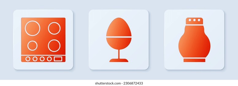 Set Chicken egg on a stand, Gas stove and Salt and pepper. White square button. Vector