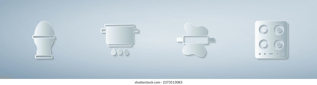 Set Chicken egg on a stand, Cooking pot fire, Rolling pin dough and Gas stove. Paper art style. Vector