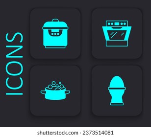 Set Chicken egg on a stand, Slow cooker, Oven and Cooking pot icon. Black square button. Vector