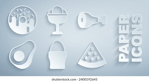 Set Chicken egg on stand, leg, Avocado fruit, Watermelon, Ice cream in the bowl and Donut icon. Vector