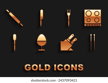 Set Chicken egg on a stand, Gas stove, Food chopsticks, Knife, Spoon, Fork, Rolling pin and  icon. Vector
