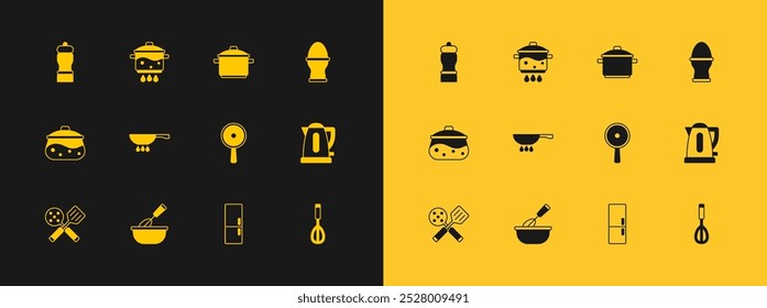 Ponga el huevo de pollo en un soporte, batidor de cocina con tazón, sartén, refrigerador, fuego, olla, pimienta e icono. Vector