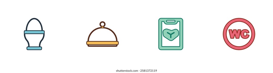 Set Chicken egg on stand, Covered with tray, Restaurant cafe menu and Toilet icon. Vector