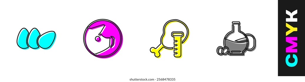 Set Chicken egg, Pig, Genetically modified chicken and Bottle of olive oil icon. Vector
