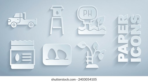 Fijar huevo de pollo, pruebas de ph de suelo, Envase lleno de semillas de planta, arbusto de fresa, torre de agua e ícono de camión de recogida. Vector