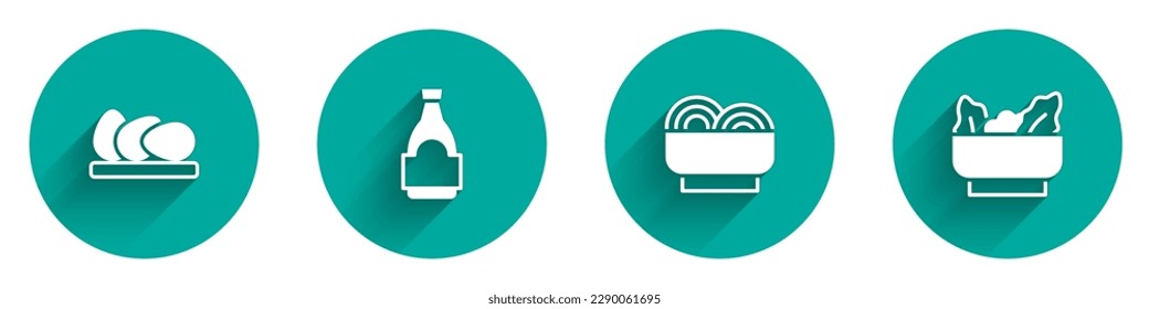 Set Chicken egg, Soy sauce bottle, Asian noodles in bowl and Wonton icon with long shadow. Vector