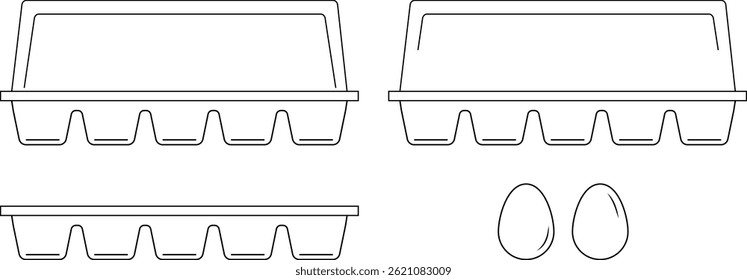 Conjunto de huevos de gallina y bandejas de huevos. Estilo de contorno. Ilustración vectorial con fondo transparente.	