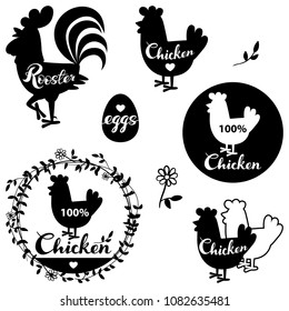 Set chicken and eggs farm logo emblem. Natural and fresh farm. Vector illustration set of premium chicken meat labels. 