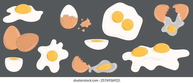 Set of chicken eggs. Hand drawn vector illustration in flat style. Whole brown eggshell eggs, boiled, fried eggs, yolk, broken eggshells. Concept of tasty breakfast, farm, cooking