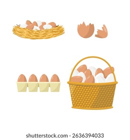 Set of chicken eggs icons on white background. Eggs in basket, in tray, in nest and eggshell.