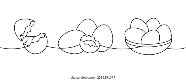 Set of chicken eggs one line continuous drawing. Boiled eggs, broken eggshell, omelette, protein and yolk. Vector illustration