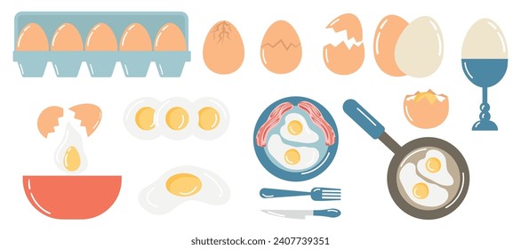 Set of chicken eggs of various shapes and colors. Scrambled eggs in a frying pan with bacon. Boiled eggs. Vector illustration.