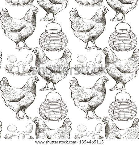 Set of chicken, eggs in the vintage wire egg gathering basket. Seamless pattern vector illustration
