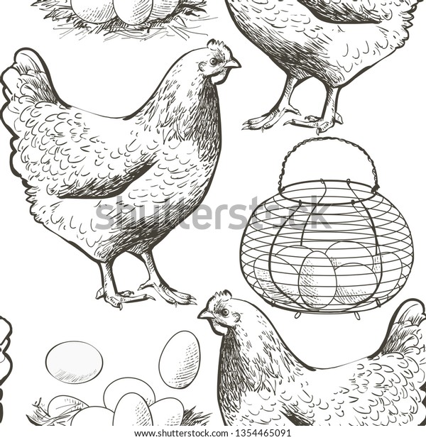 ビンテージワイヤーの集卵籠に入った鶏の卵 シームレスなパターンのベクター画像イラスト のベクター画像素材 ロイヤリティフリー