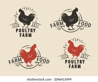 Set of chicken emblem vintage vector illustration. Farm food concept. Rooster logo design