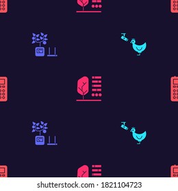 Establezca la granja y la cámara de pollo, la tecnología de cultivo inteligente, el estado de la planta y el control remoto en un patrón sin fisuras. Vector.