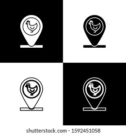 Set Chicken farm and location icon isolated on black and white background.  Vector Illustration