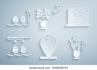 Set Chicken farm and location, Laptop application for smart, Smart with bulb plant, farming technology,  and Standalone sensor icon. Vector