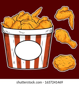 set of chicken fried in bucket isolated for decoration.
