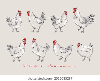 Conjunto de Ilustración vectorial de arte de línea dibujada a mano de pollo, gallina, gallo animal. Boceto, esbozo de estilo vintage de aves de corral granja de aves de colección de animales.