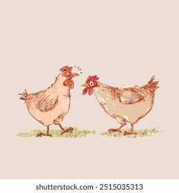 Conjunto de Ilustración vectorial de arte de línea dibujada a mano de pollo, gallina, gallo animal. Boceto, esbozo de estilo vintage de aves de corral granja de aves de colección de animales.