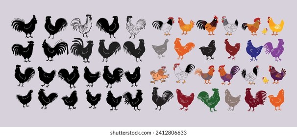 Juego de gallinas, gallinas, caracoles de gallo dibujado a mano granja de aves de corral colección de ilustraciones vectoriales.