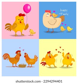Set of chicken hen rooster icon character pet animal  vector illustration.