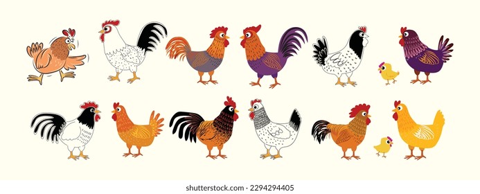 Set of chicken hen rooster icon character pet animal  vector illustration.