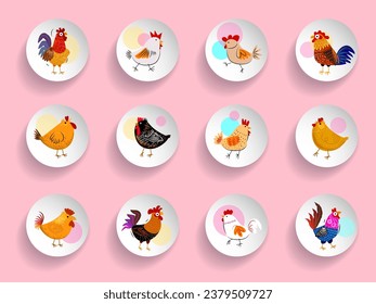 Set of chicken hen and rooster icon character vector illustration. Cartoon poultry farm animal collection.