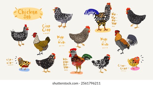 Set of chicken, hen, rooster outline sketch hand drawn isolated on white background illustration. Birds poultry farm animal collection on vintage style.