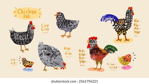 Set of chicken, hen, rooster outline sketch hand drawn isolated on white background illustration. Birds poultry farm animal collection on vintage style.