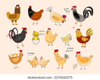 Juego de gallinas, gallinas, gallos de cría de aves de corral icono de animal de mano ilustración vectorial dibujada a mano.