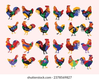 Set of chicken hen rooster poultry farm animal icon character vector illustration.
