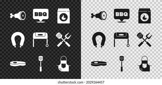 Set Chicken leg, Barbecue, coal bag, Steak meat, spatula, Kitchen apron, Sausage and grill icon. Vector