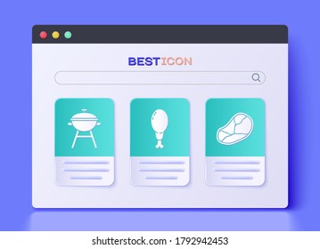 Set Chicken leg, Barbecue grill and Steak meat icon. Vector